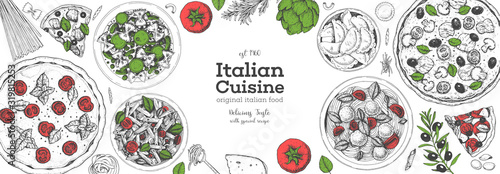Pizza, pasta and ravioli cooking and ingredients for pizza, pasta and ravioli , sketch illustration. Italian cuisine frame. Food menu design elements. Pizza and pasta hand drawn frame. Italian food.