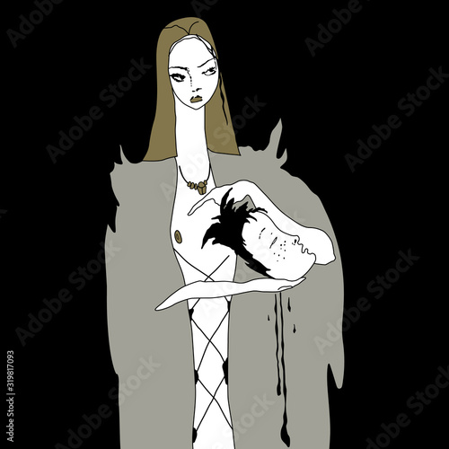 Isolated vector illustration. Salome with head of John the Baptist. Beautiful girl holding male head. Original style art. Dark female archetype.