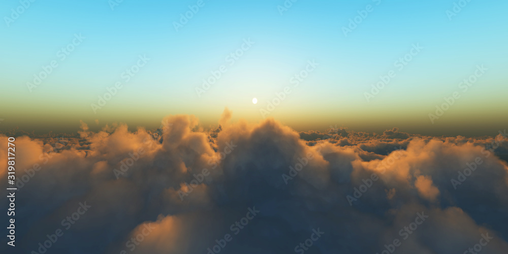 Beautiful aerial view above clouds with sunset. 3d illustration