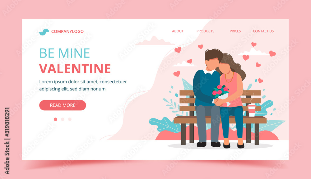 Valentine's day with couple sitting on the bench. Landing page design template, vector illustration in flat style