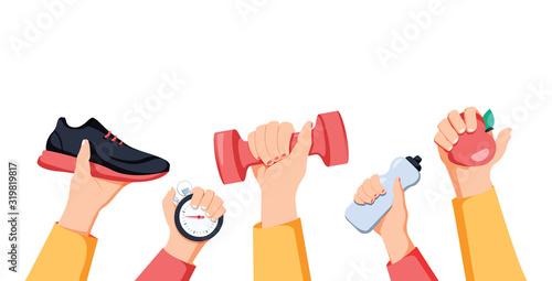 Sport exercise web banner. Time to fitness and workout concept. Idea of active and healthy lifestyle. Sport hands