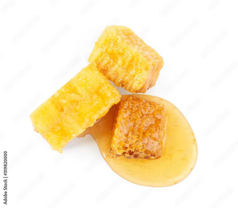 Pieces of tasty fresh honeycomb isolated on white, top view Pieces of tasty fresh honeycomb isolated on white, top view