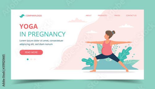 Pregnant woman doing prenatal yoga. Landing page design template. Cute vector illustration in flat style