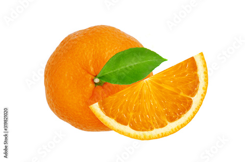 Fototapeta Naklejka Na Ścianę i Meble -  sweet juicy orange whole top view fruit and slice with green leaf isolated on white background