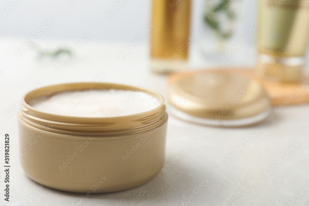 Jar of cosmetic product on table. Space for text Jar of cosmetic product on table. Space for text