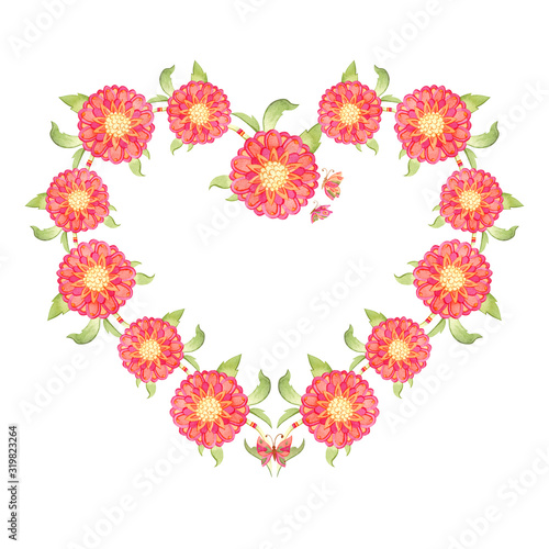 Watercolor flower heart shape frame. Hand drawn red flowers arranged un a shape of heart.