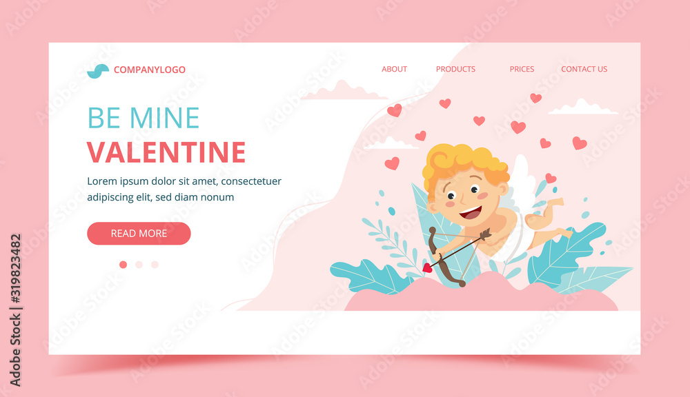Valentine's day with cupid. Landing page design template, vector illustration in flat style Valentine's day with cupid. Landing page design template, vector illustration in flat style