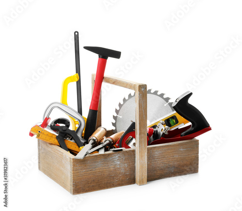 Canvastavla Wooden box with carpenter's tools isolated on white