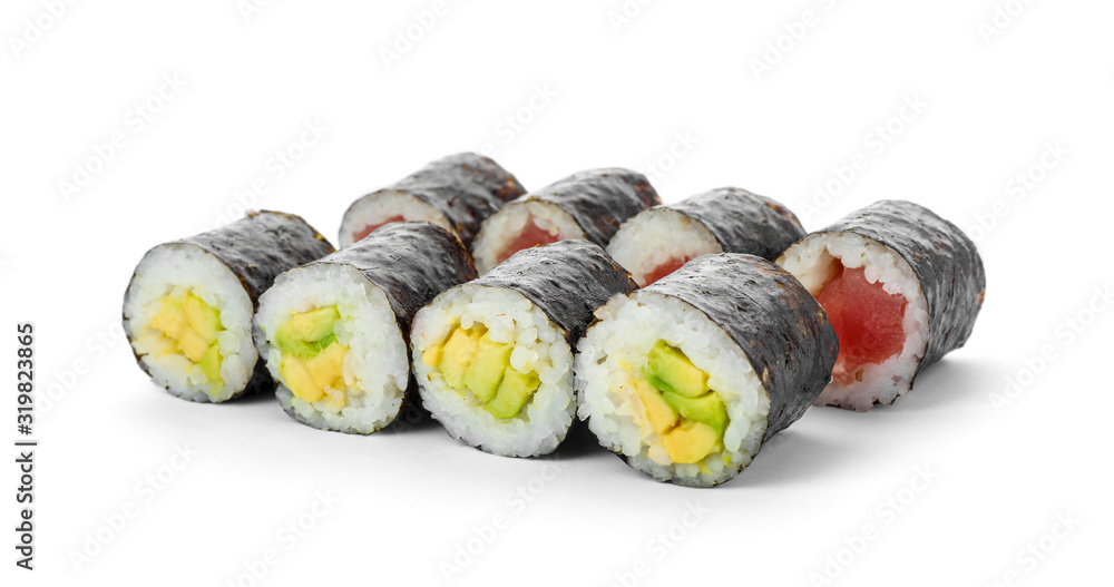 Different delicious sushi rolls on white background Different delicious sushi rolls on white background