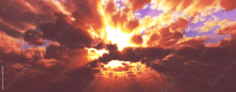 Sunset / sunrise with clouds, light rays and other atmospheric effect, 3d illustration