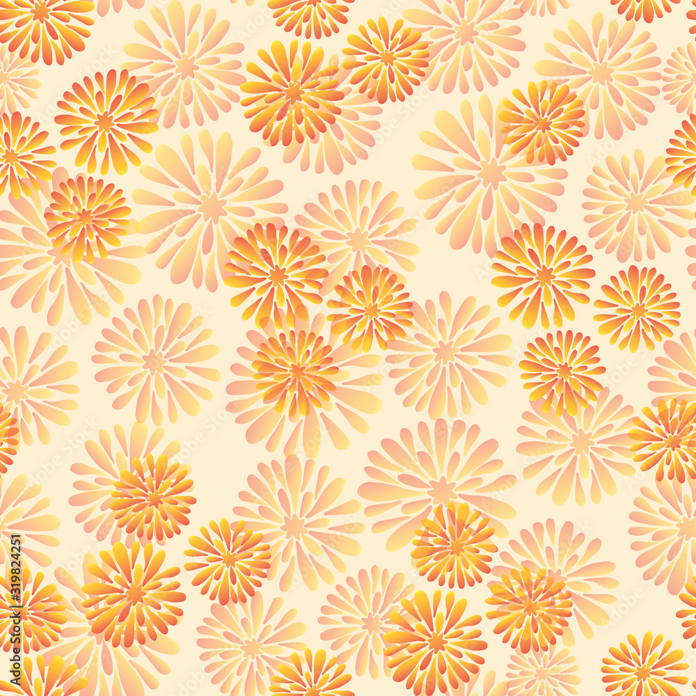seamless pattern with ORANGE flowers on a light background with pencils drawn.