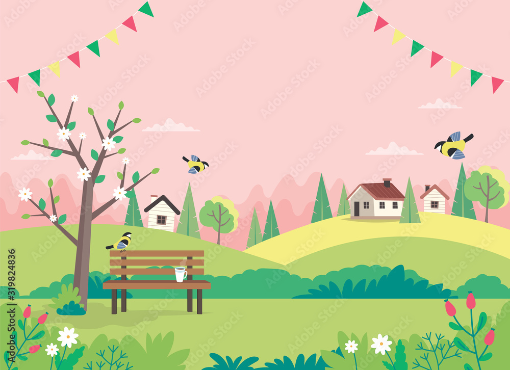 Hello spring, landscape with bench, houses, fields and nature. Decorative garlands. Cute vector illustration in flat style