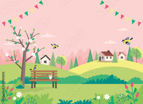 Hello spring, landscape with bench, houses, fields and nature. Decorative garlands. Cute vector illustration in flat style