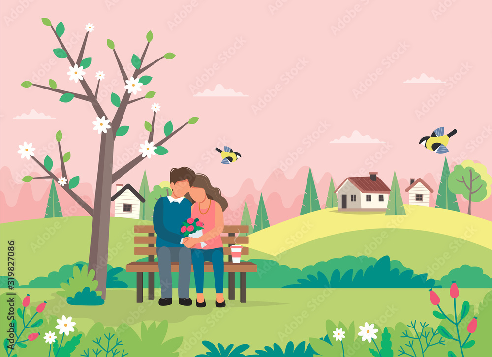 Naklejka premium Loving couple sitting on the bench with spring landscape. Cute vector illustration in flat style.