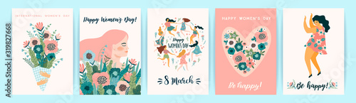 International Women s Day. Vector templates with cute women.