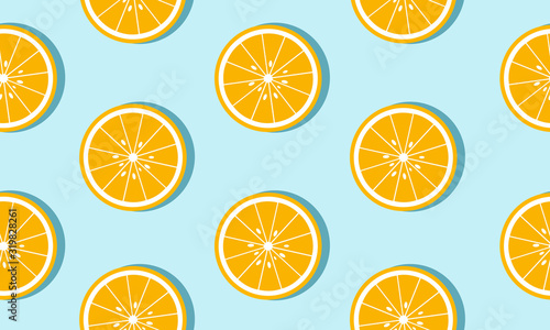 Seamless blue background with oranges slices with shadow. Vector illustration design for greeting card or template.
