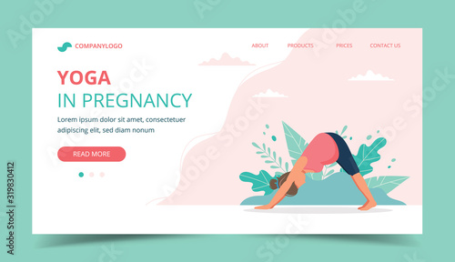 Pregnant woman doing prenatal yoga. Landing page design template. Cute vector illustration in flat style