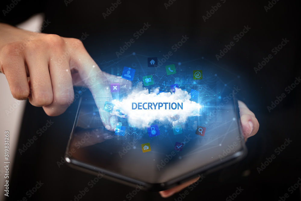 Businessman holding a foldable smartphone with DECRYPTION inscription, technology concept Businessman holding a foldable smartphone with DECRYPTION inscription, technology concept