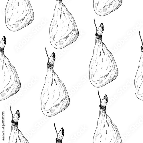 Spanish jamon hand drawn sketch. Food seamless pattern. Engraved illustration. Slices of jamon illustration.