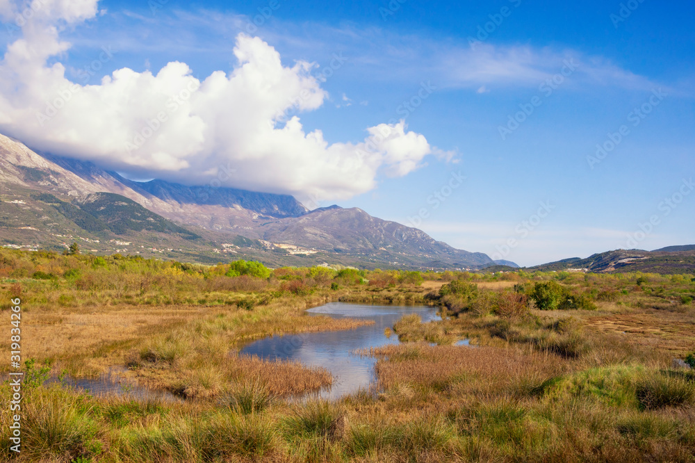 Beautiful wetland landscape. Montenegro, Tivat. View of Tivat Salina  ( Tivatska Solila )  on sunny spring day