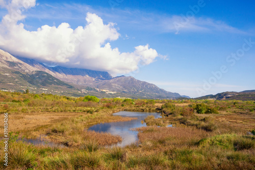 Beautiful wetland landscape. Montenegro, Tivat. View of Tivat Salina ( Tivatska Solila ) on sunny spring day