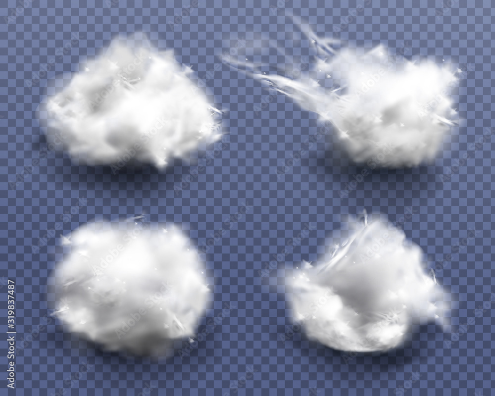 Realistic cotton wool, clouds or wadding balls set isolated on transparent  background. Smooth soft pieces of white fluffy material, pure fiber close  up design elements 3d vector illustration, clip art Stock Vector