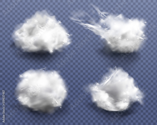 Realistic cotton wool, clouds or wadding balls set isolated on transparent background. Smooth soft pieces of white fluffy material, pure fiber close up design elements 3d vector illustration, clip art photo