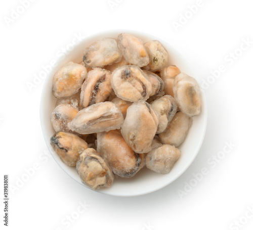 Top view of bowl with frozen cooked mussel meat