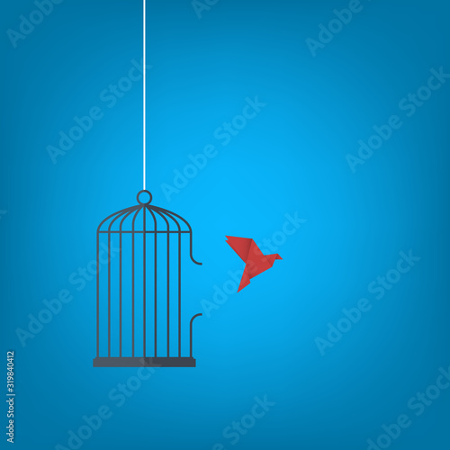 Flying bird and cage. Freedom concept. Emotion of freedom and happiness. Minimalist style.