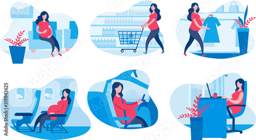 A set of images with a pregnant woman in life situations. Vector illustration in flat style.