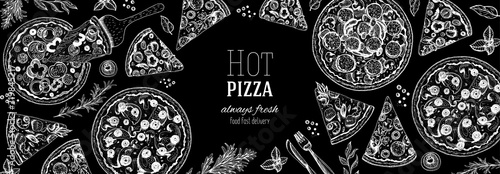 Italian pizza top view frame. Italian food menu design template. Vintage hand drawn sketch vector illustration. Engraved style