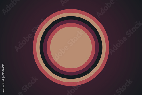 Abstrakte Illustration bestehend aus einem Kreis mit mehreren bunten Ringen in dunkel-rosa, rosa-rot, orange und dunklem cyan-blau. Hintergrund dunkel-rosa.