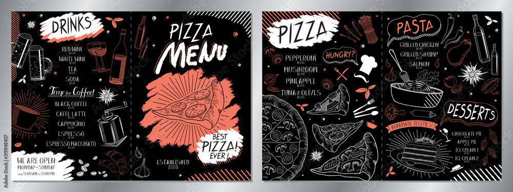 Vintage pizza/ pasta menu template (pizza, pasta, desserts, drinks) - 2 x A4 (210x297 mm)