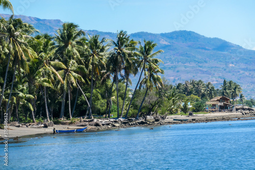 View on white sand beach, which shore is overgrown with palm trees, small island near Maumere, Indonesia. Happy and careless moments. Clear, turquoise coloured water. There are high hills in the back