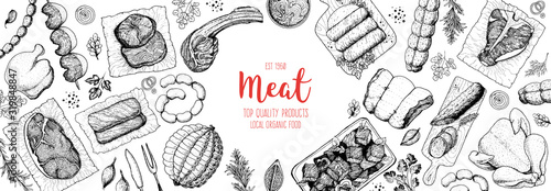 Meat products top view frame. Vector illustration. Engraved design. Hand drawn illustration. Pieces of meat design template. Great for package design. Chicken, beef, pork, sausage, lamb, ham sketch.