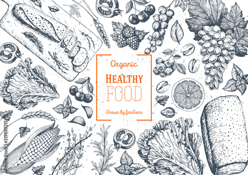 Healthy food frame vector illustration. Vegetables, fruits, bread, berries hand drawn. Organic food set. Vegetarian food collection