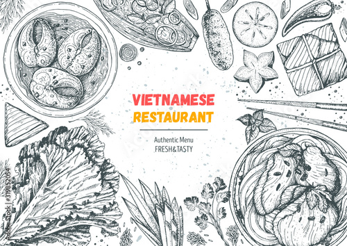 Vietnamese food top view frame. A set of vietnamese dishes with caramelized fish, pho soup, buncha, salads . Food menu design template. Vintage hand drawn sketch vector illustration. Engraved image.