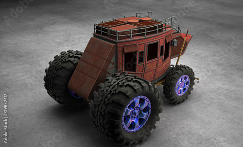 Modified carriage with giant tractor wheels, steampunk carriage, extreme tuning, 3d rendering, 3d illustration