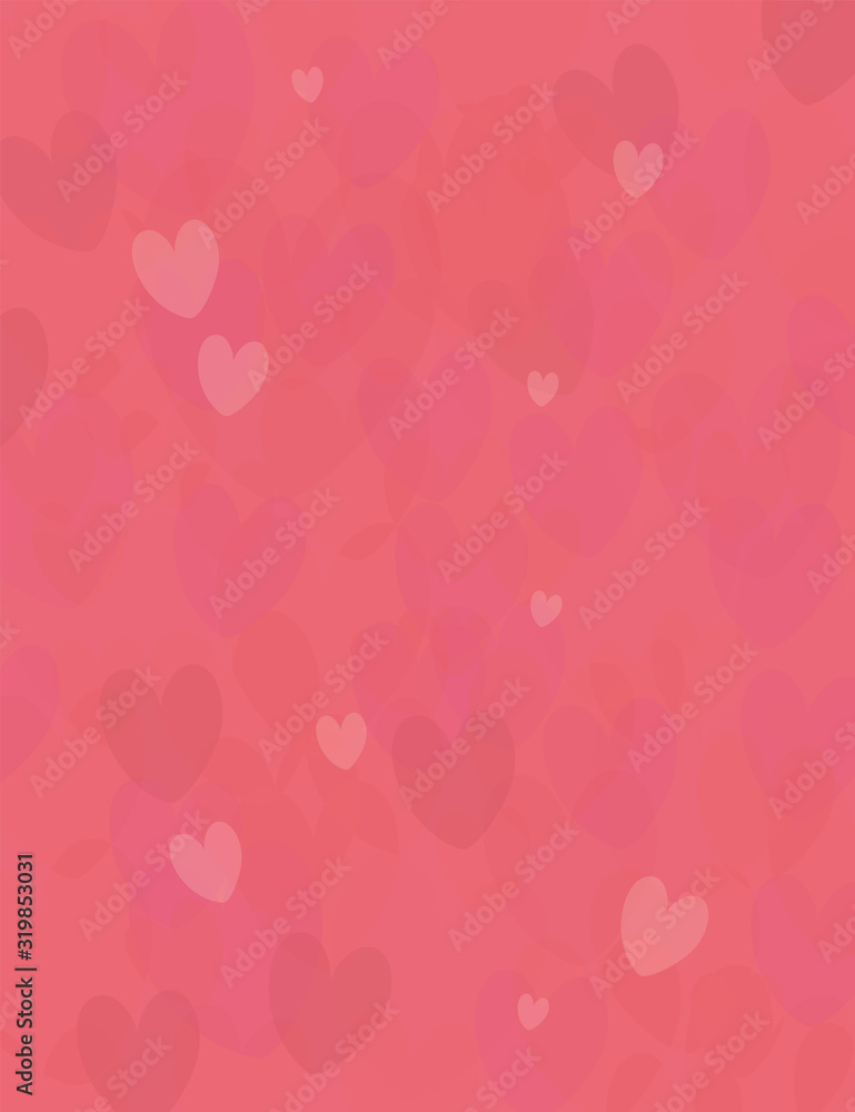 Vertical red bright vector background with red love hearts of different shades.