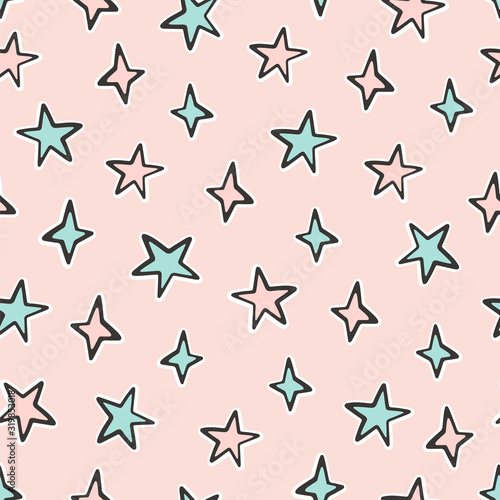 Hand drawn seamless pattern of cute pink and blue stars on a pink background.   olorful doodle vector illustration for Birthday  baby room  greeting card  invitation  wallpaper  wrapping paper