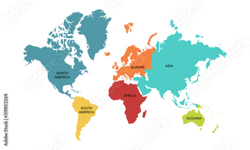 World map by continents with name labels. Perfect for backgrounds, backdrop, sticker, label, poster, banner, chart and wallpapers.