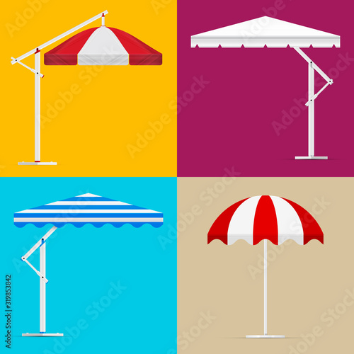 Beach umbrella set. Striped and white blank awning parasol collection. Garden umbrella awning vector set
