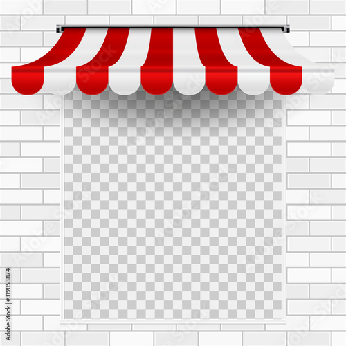 White brick wall with striped awning above the window place. Empty space instead of a window. Vector illustration