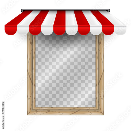 Straight striped awning above the window. Vector illustration. Wooden window with transparent background behind glass