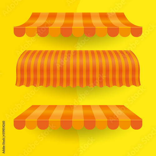 Gold and orange stripes commercial vector awning. Market, cafe, or restaurant desing element. Cla awning on bright yellow background.
