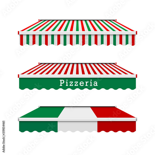 Pizzeria awnings. Italian food design elements in the colors of the italian flag. Vector illustration.