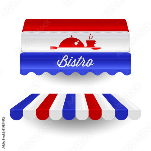 French bistro awnings in colors of the french flag. Vector illustration. Bistro facade design element. Detailed realistic vector awnings for cafe, shop or restaurant.