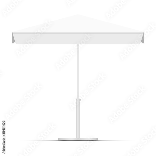 White empty beach umbrella commercial vector awning. Market, cafe, or restaurant desing element. Blank square market tent canopy mock up isolated on white background.