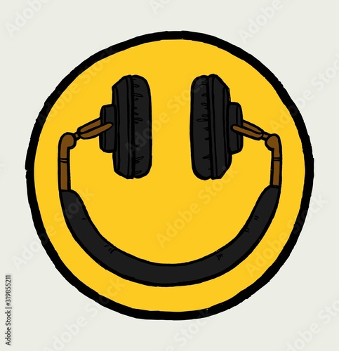 Headphones emoji face. Music person face. Symbol of music fan - headphones smile.