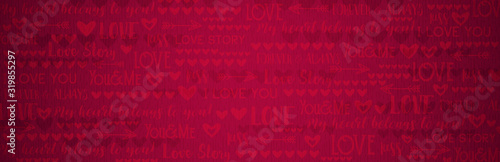 Banner with red valentines hearts and love inscriptions. Valentines greeting background. Horizontal holiday background, headers, posters, cards, website. Vector illustration